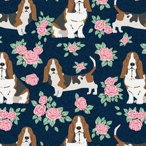 basset hound rose fabric - dog floral fabric, dog fabric, cute dog fabric - navy