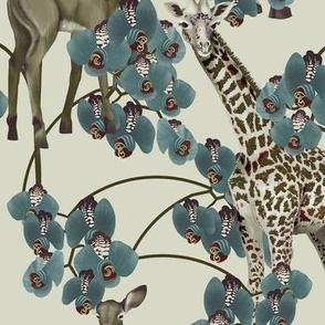 Blue orchid, giraffe and young antelope