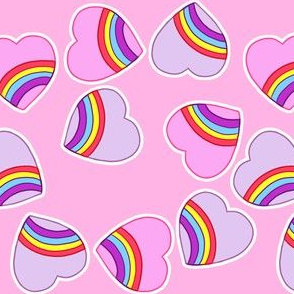 Scattered Rainbow Hearts on Pastel Pink