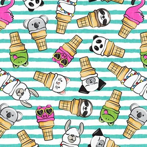 (2" scale) animal ice cream cones - summer ice creams - teal stripes - LAD20BS