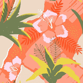 Large Coral Hibiscus Floral Abstract Seamless Repeat Pattern