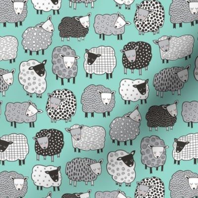 Sheep Geometric Patterned Black & White Grey on Mint Green Smaller 1,5 inch