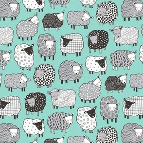 Sheep Geometric Patterned Black & White Grey on Mint Green Smaller 1,5 inch