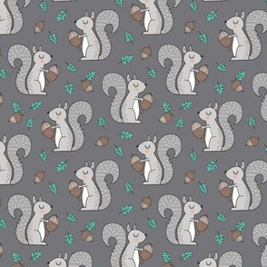 Forest Squirrel Squirrels with Leaves &  Acorn Autumn Fall on Dark Grey Smaller 1,5 inch