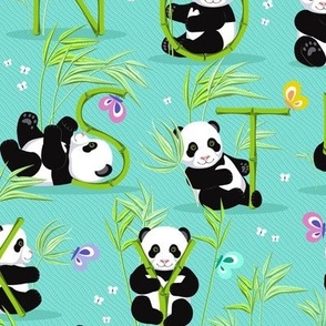 Panda and the whole alphabet on a bright turquoise background