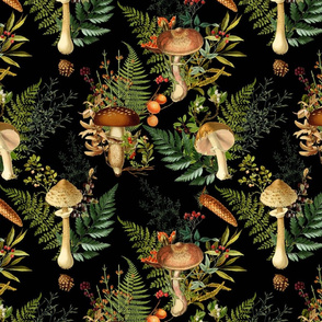 12" vintage hand drawn botnical fungus toxic mushrooms forest bouquets on black Psychadelic  Mushroom Wallpaper