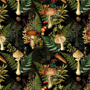 12" vintage hand drawn botnical fungus toxic mushrooms forest bouquets on black double layer  Psychadelic  Mushroom Wallpaper