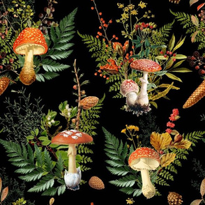 12" red vintage hand drawn botnical fungus toadstools mushrooms bouquets on black Psychadelic  Mushroom Wallpaper