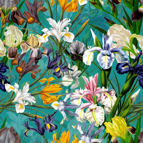 18" Pierre-Joseph Redouté Flowers,Iris Bunches on teal- double layer
