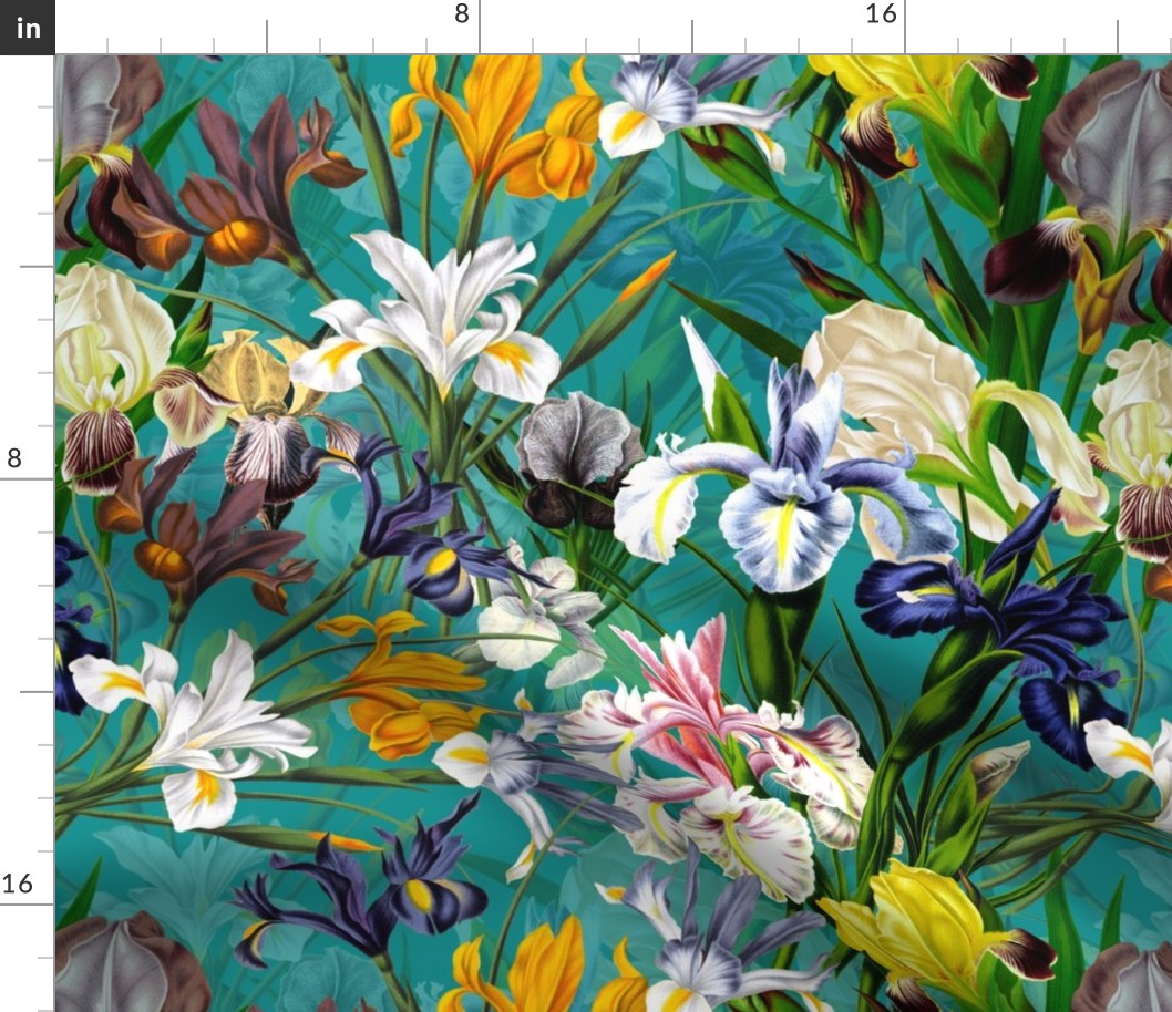 18" Pierre-Joseph Redouté Flowers,Iris Bunches on teal- double layer