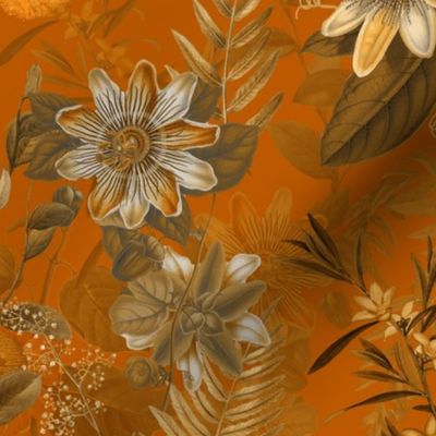12" Vintage Passiflora Flowers Sepia Orange