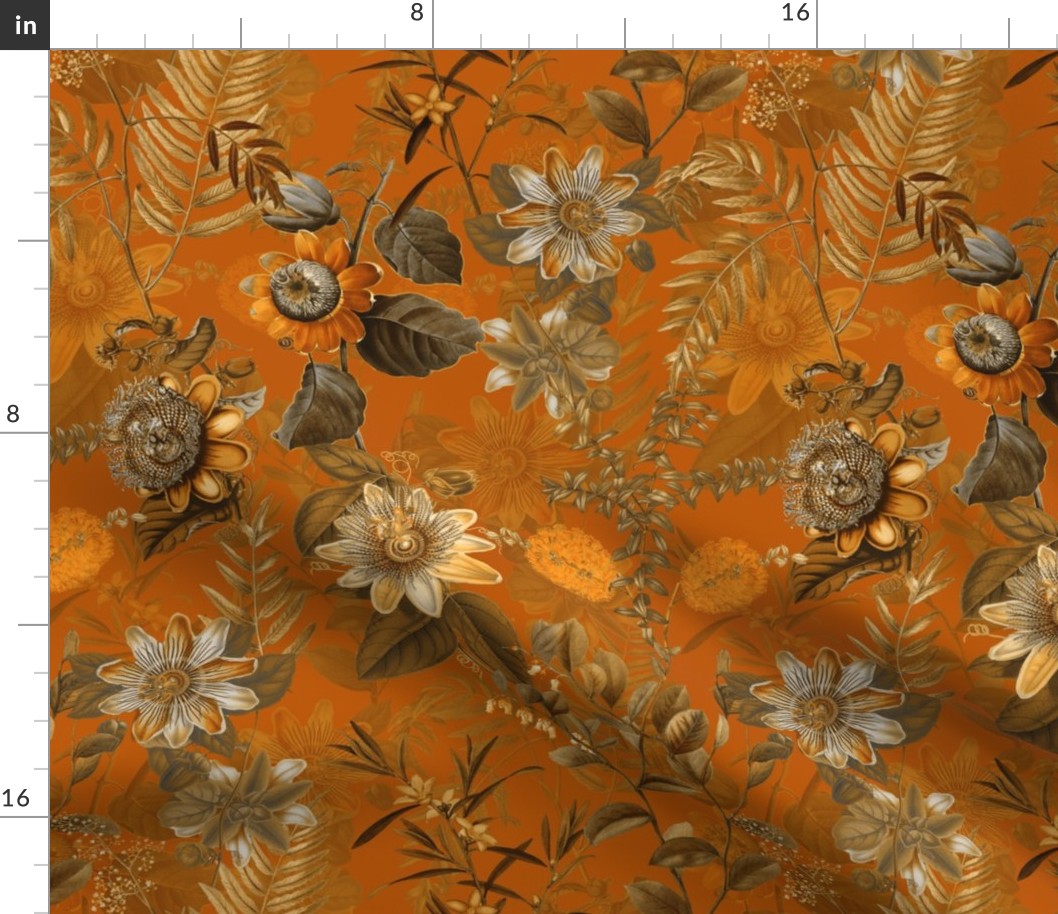 12" Vintage Passiflora Flowers Sepia Orange