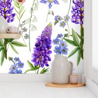 Lupines and wild flowers meadow - Watercolor hand painted 