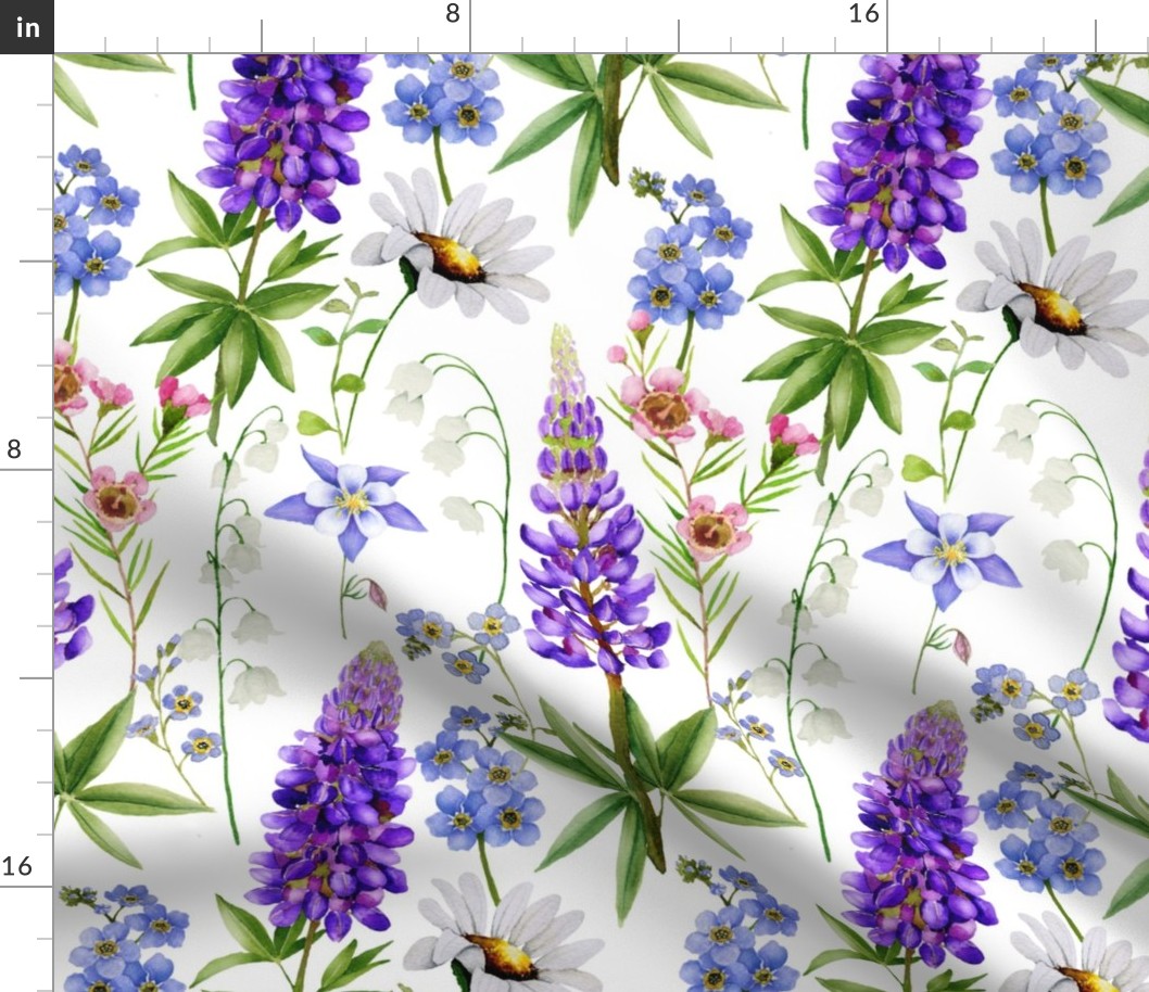 Lupines and wild flowers meadow - Watercolor hand painted 