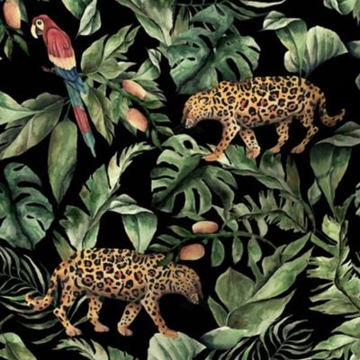 8" Tropical Jungle With Jaguar And parrot Black