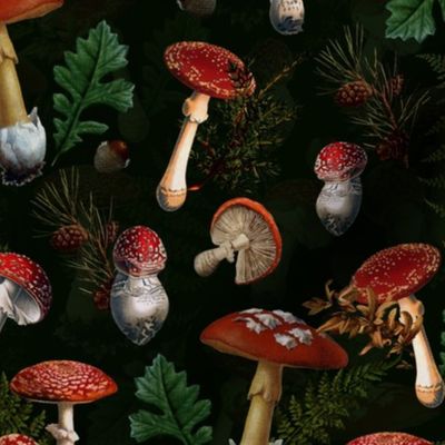 12" fungi kingdom - colorful mushrooms on black Psychadelic  Mushroom Wallpaper