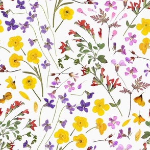 12" Midsummer Dried And Pressed Colorful Wildflowers Meadow , Dried Flowers Fabric, Pressed Flowers Fabric