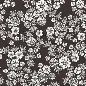 woodcut floral fabric - sfx1111 coffee block print wallpaper, woodcut wallpaper, linocut florals, home decor fabric, muted earth tones fabric