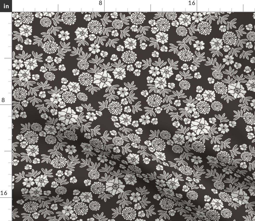 woodcut floral fabric - sfx1111 coffee block print wallpaper, woodcut wallpaper, linocut florals, home decor fabric, muted earth tones fabric