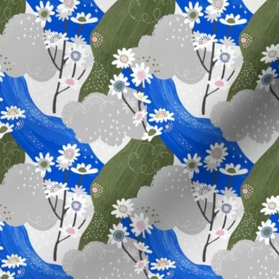 Tiny Blue and White Daisies Abstract Seamless Repeat Pattern