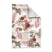 Nostalgic Burgundy Red And Pink Pierre-Joseph Redouté Roses Hydrangea And Lilacs, Antique Flower Bouquets,  vintage home decor, English Rose Fabric on light pink double layer