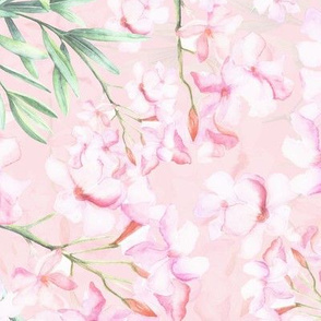 12" Blush cute hand drawn watercolor soft oleander blossoms and branches on pink