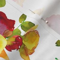  12"  Colorful yellow and red cute hand drawn watercolor rose flower blossoms and branches on white