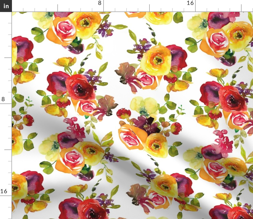  12"  Colorful yellow and red cute hand drawn watercolor rose flower blossoms and branches on white