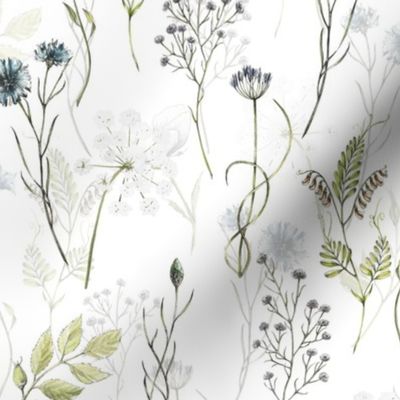 12" hand drawn watercolor wildflowers midsummer neutral meadow double layer on white