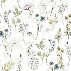 12" hand drawn watercolor wildflowers midsummer neutral meadow double layer on white