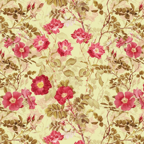 Nostalgic Burgundy Red Pierre-Joseph Redouté Roses, Antique Flower Bouquets,  vintage home decor, English Rose Fabric on light yellow double layer
