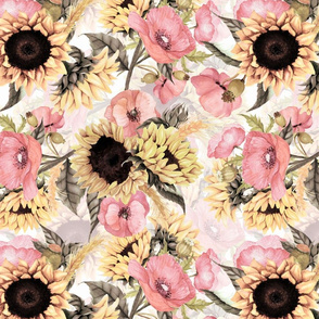 14" Vintage Watercolor Sunflowers And Poppys Bouquets - Blush Sepia - double layer