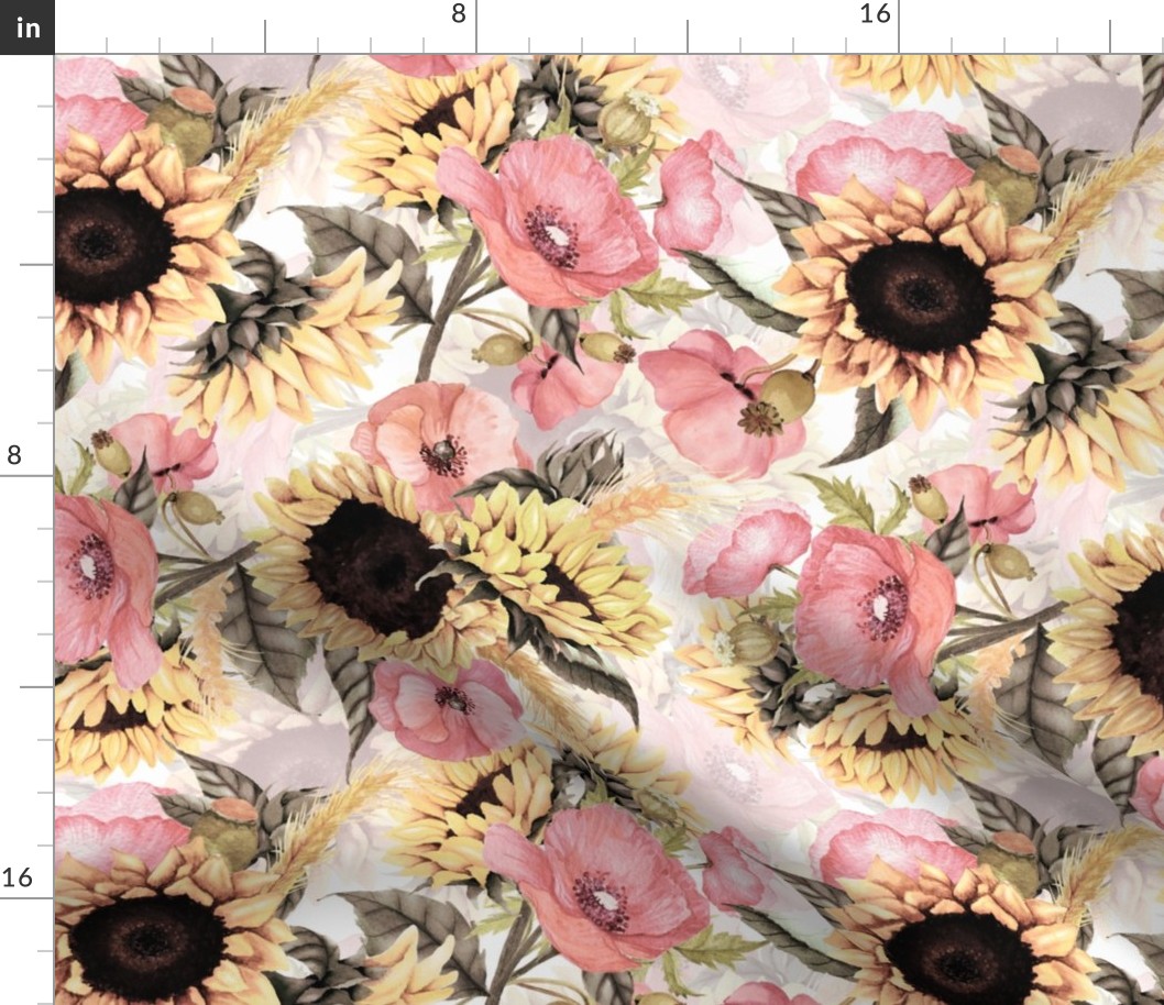 14" Vintage Watercolor Sunflowers And Poppys Bouquets - Blush Sepia - double layer