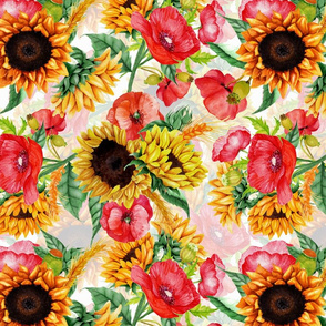 14" Vintage Watercolor Sunflowers And Poppys Bouquets - Shiny Colors on White - double layer