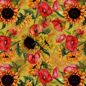 14" Vintage Watercolor Sunflowers And Poppys Bouquets - Shiny Colors Yellow - double layer