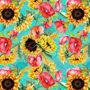 14" Vintage Watercolor Sunflowers And Poppys Bouquets - Shiny Colors Turquoise - double layer