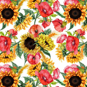 14" Vintage Watercolor Sunflowers And Poppys Bouquets - Shiny colors on white