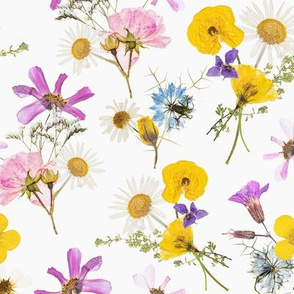 8" Midsummer Dried And Pressed Colorful Wildflowers Meadow Bouquets, Dried Flowers Fabric, Pressed Flowers Fabric