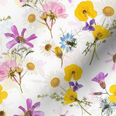 8" Midsummer Dried And Pressed Colorful Wildflowers Meadow Bouquets, Dried Flowers Fabric, Pressed Flowers Fabric Double Layer