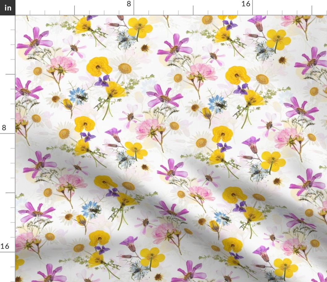 8" Midsummer Dried And Pressed Colorful Wildflowers Meadow Bouquets, Dried Flowers Fabric, Pressed Flowers Fabric Double Layer