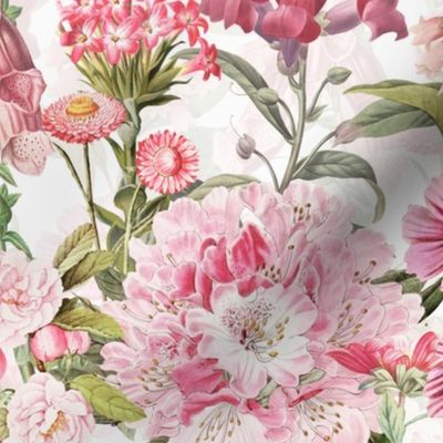 12" Vintage Botanical Pink Springflower Meadow  White