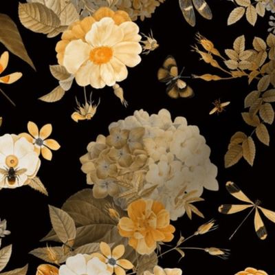 12" Hand Drawn Vintage Rose Summer Meadow   gold black  single layer