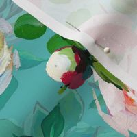 12"  Hand drawn acrylic blush claude monet spring flowers  on turquoise