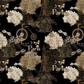 12" Vintage Eiffeltower Paris France Flower Pattern Black Sepia