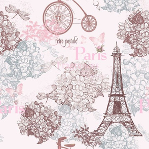 12"Vintage Eiffeltower Paris France Flower Pattern Blush Pink