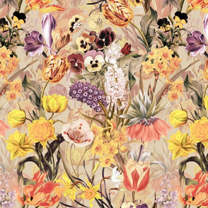 14" Vintage Botanical Springflower Meadow - Pastel Sepia