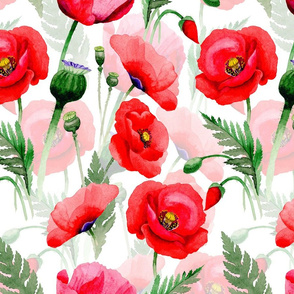 14" Pink And Red Poppies - Hand drawn watercolor poppies on white - double layer
