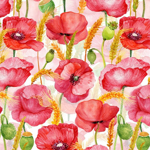 14" Pink And Red Poppies cornfield  - Hand drawn watercolor poppies on white - double  layer