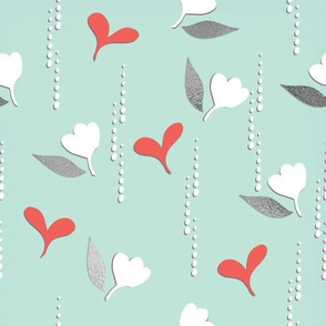 Hearts and Flowers Rain - Pink Hearts & Silver-grey Leaves Drops on Mint