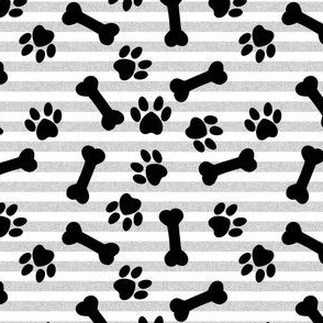 bones and paws fabric - dog bones and paw prints - grey stripes